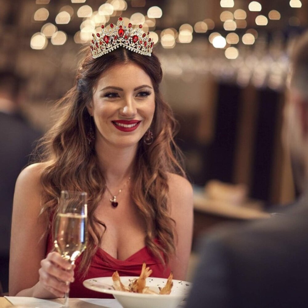 Red Crystal Crown for Women Girls Bridal Party Vintage Tiara Elegant Gift - Picture 5 of 9